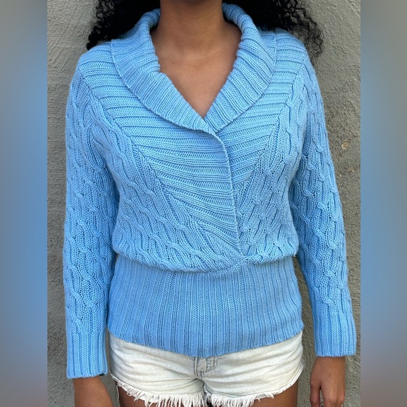Light Blue knit sweater, v-neck sweater - Picture 4 of 5